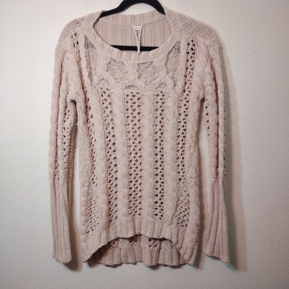 Future Paradise Tan Crochet Knit & Lace Sweater S
